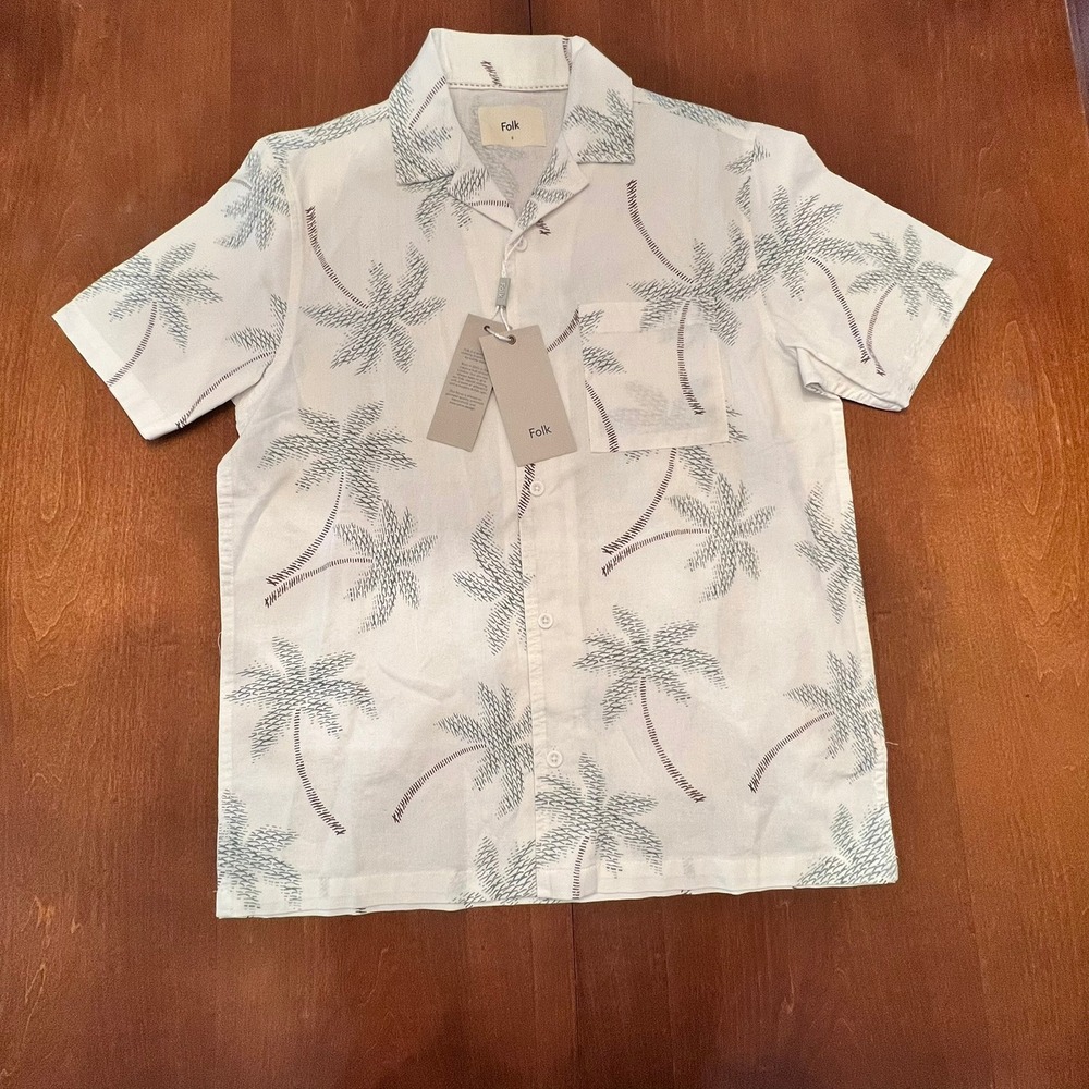 NEW Folk Coast Shirt Mens S Green White Palm Tree Print Cotton Camp Collar